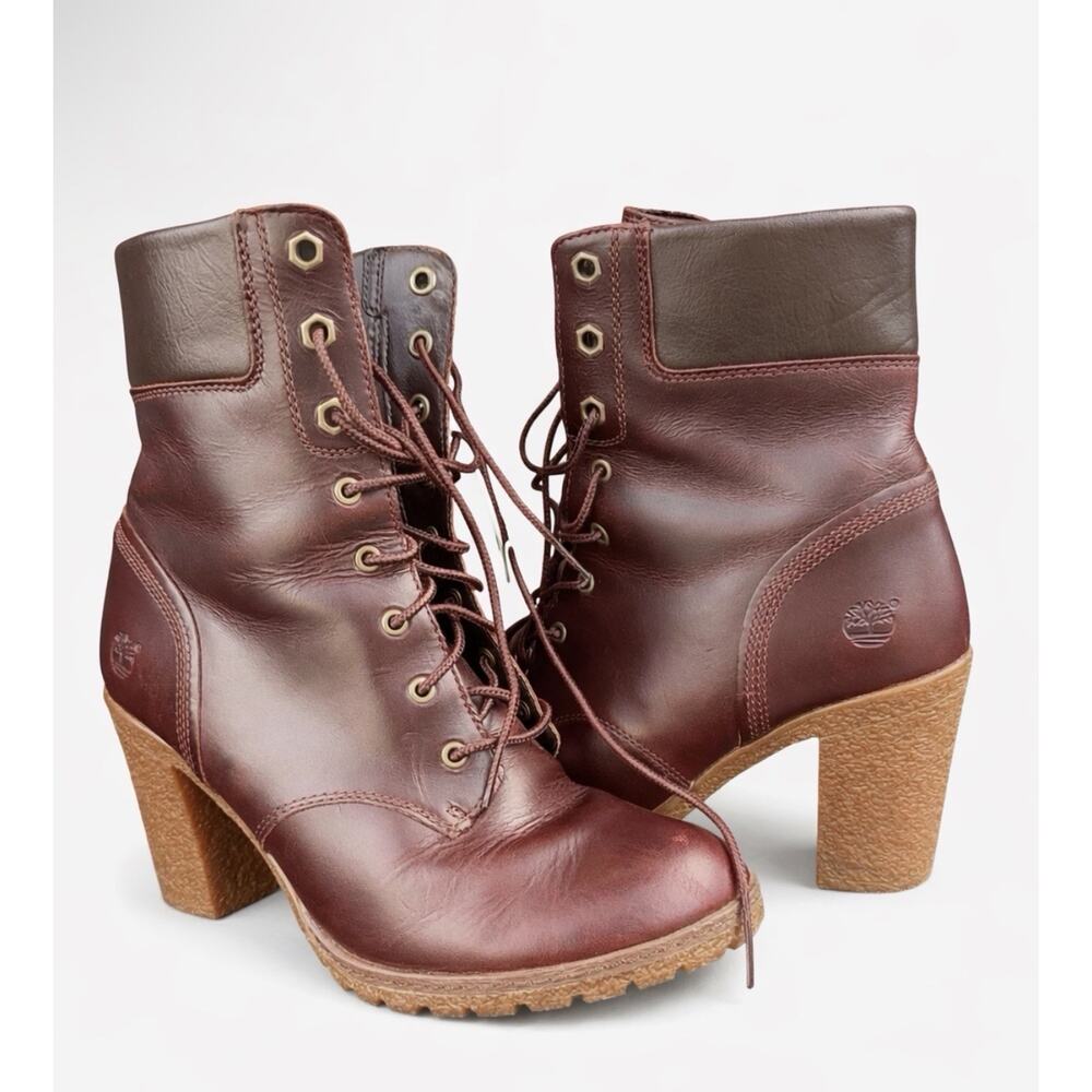 Timberland Glancy Heeled Combat Boots Burgundy Size‎ 8 Leather Lace Up Casual